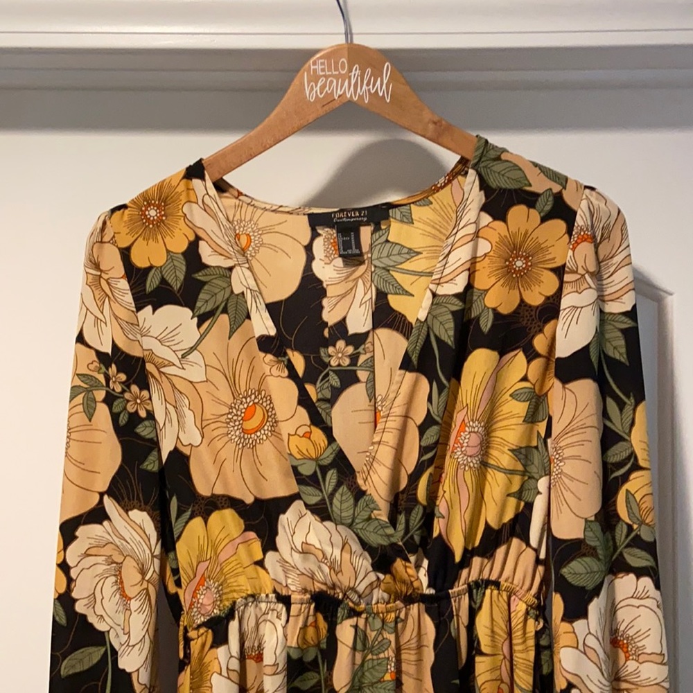 Floor length, deep plunge flower pattern dress